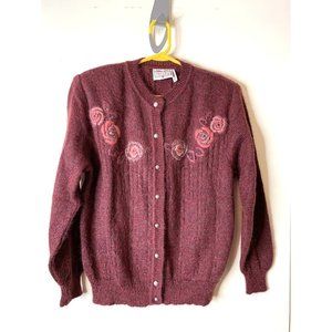Vintage Sabri & Lory Kid Mohair Embroidered Womens Cardigan Sweater Italy Rose M